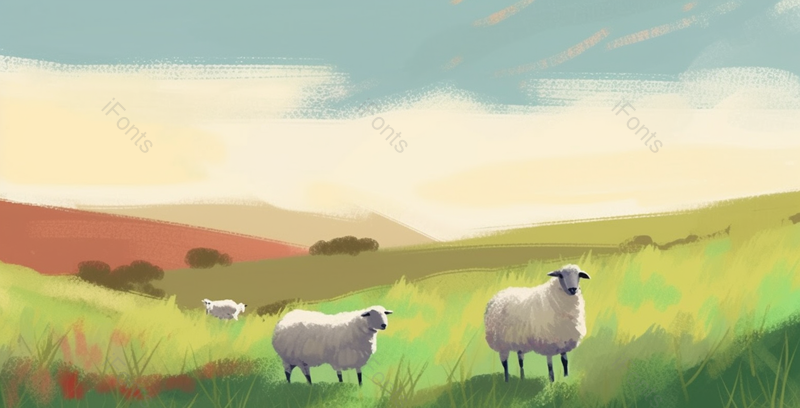 春日夏日季节在一望无际的绿色大草原上的牧羊绵羊抽象风景插画,插画/手绘图,插画/手绘图库,插画/手绘图下载,插画/手绘